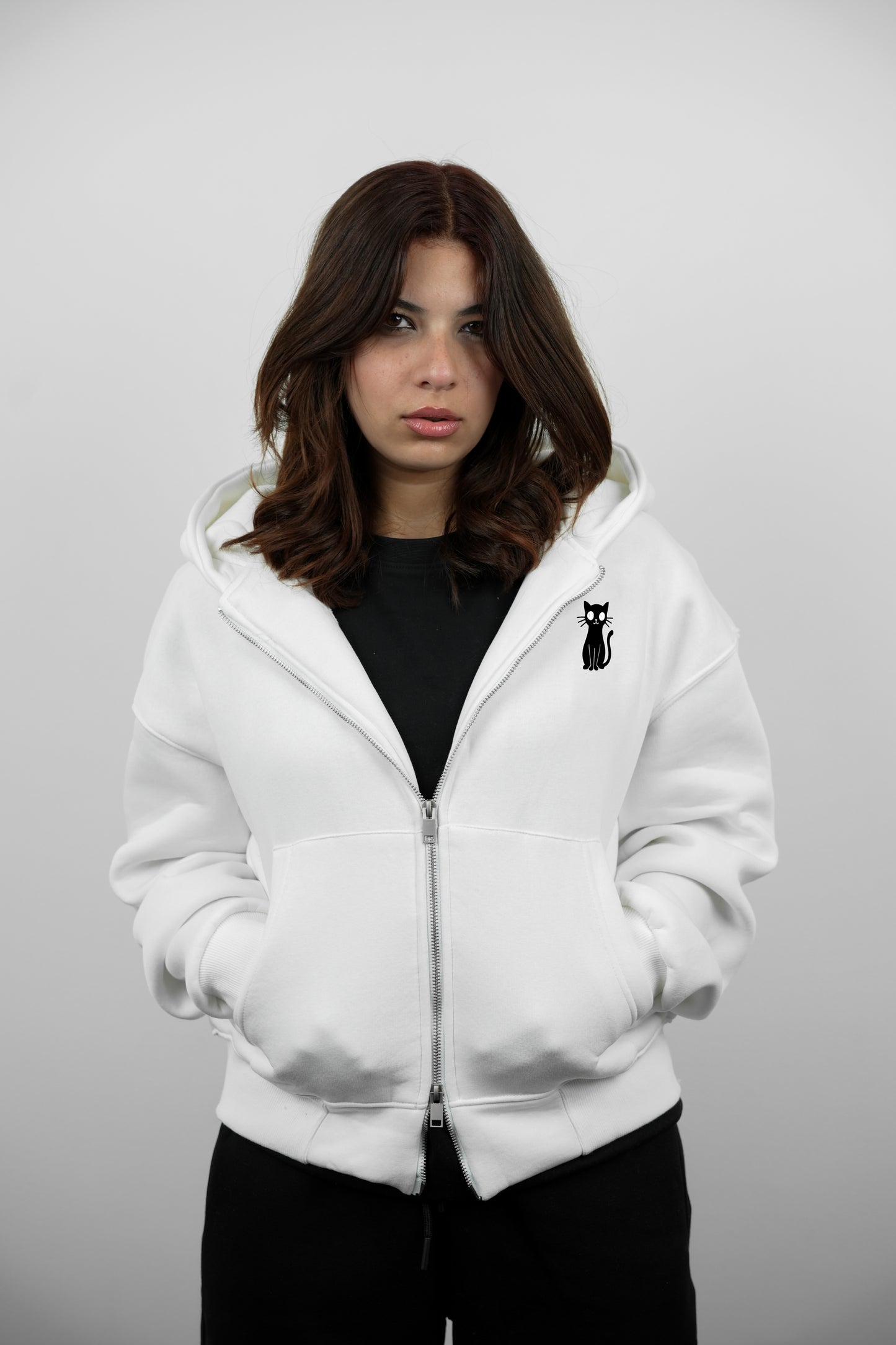 Double-Zip Hoodie –Cat - White
