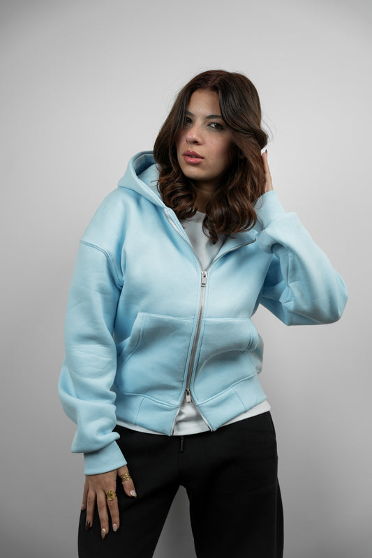 Box Fit Double-Zip Hoodie – Blue