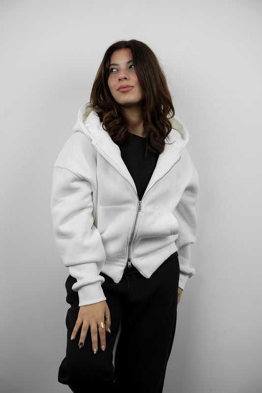 Box Fit Double-Zip Hoodie – White