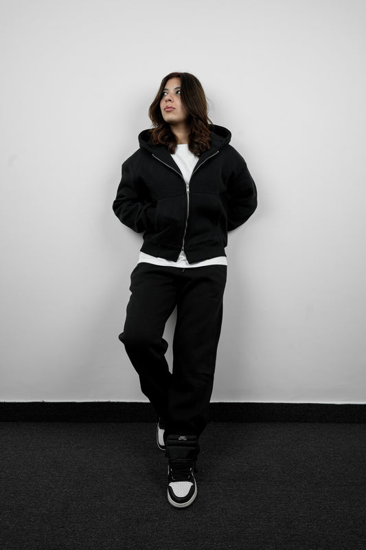 Box Fit Double-Zip Hoodie – Black