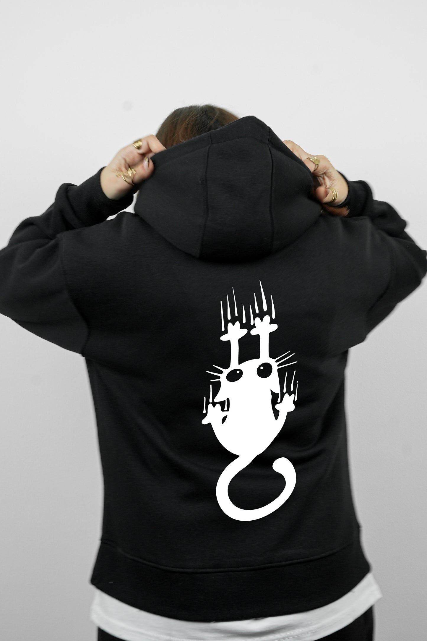 Essential Box Fit Hoodie-Cat-Black
