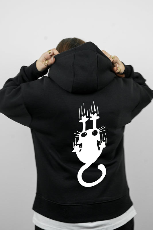 Essential Box Fit Hoodie-Cat-Black