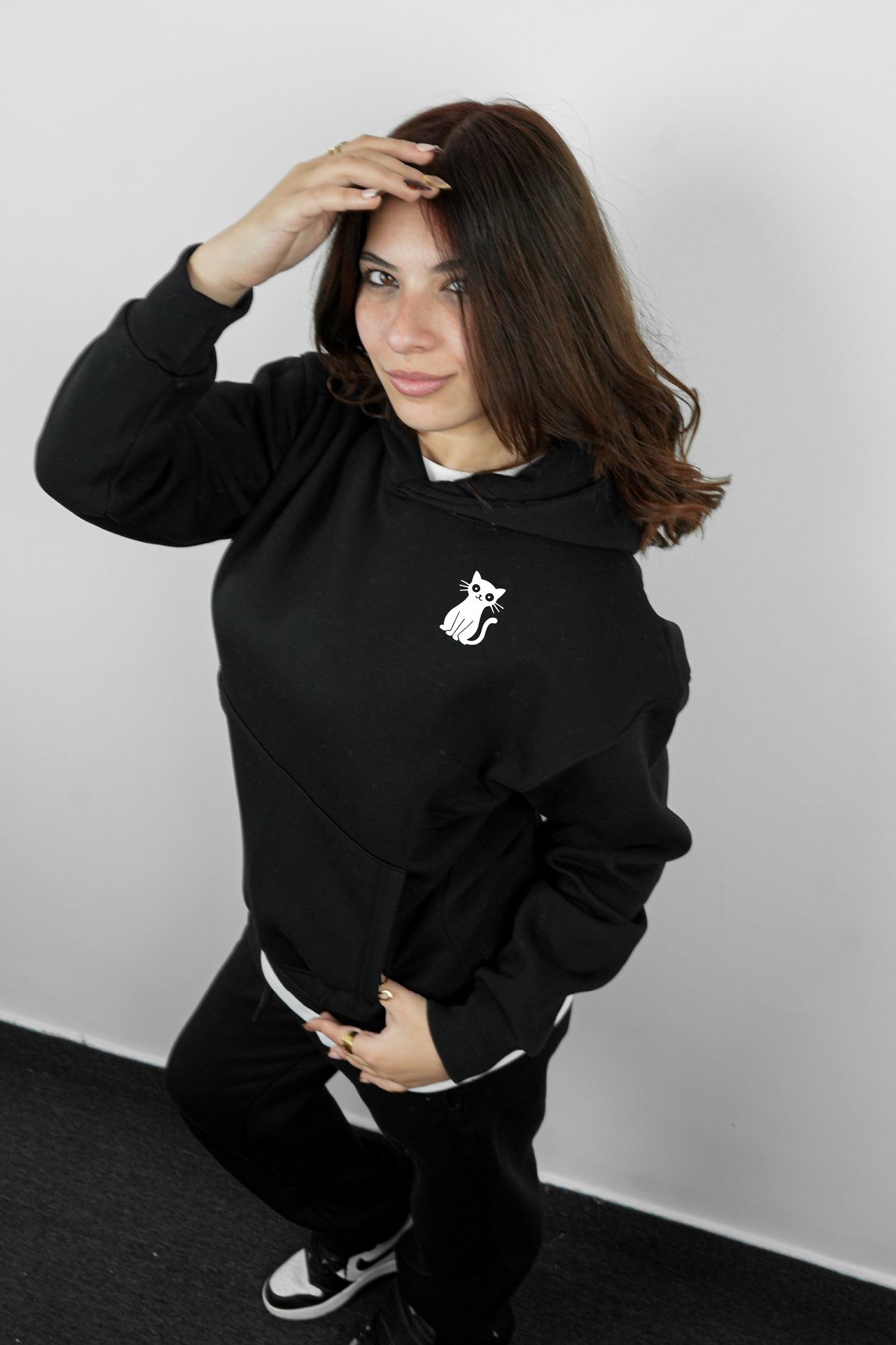 Essential Box Fit Hoodie-Cat-Black