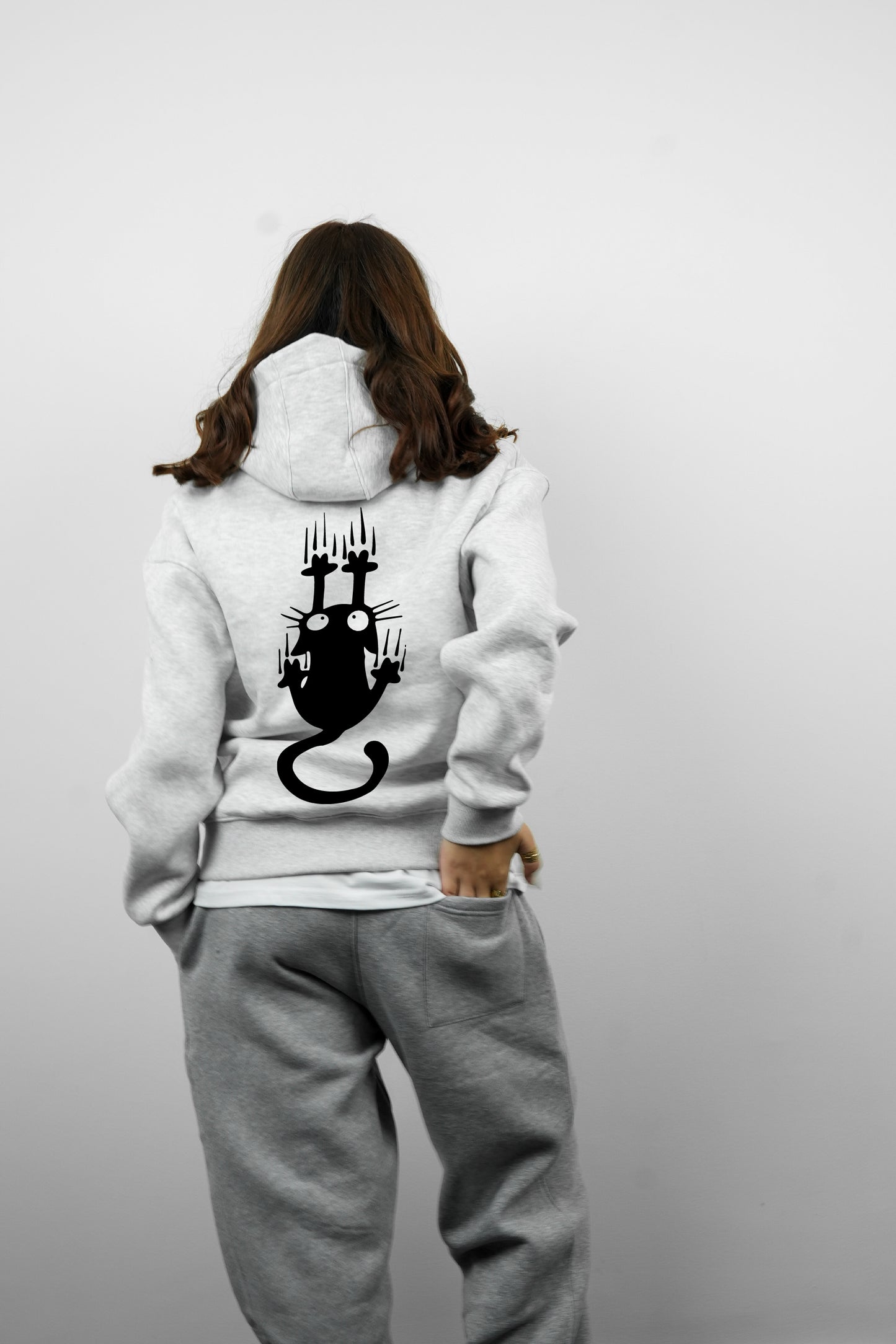 Essential Box Fit Hoodie-Cat-Grey