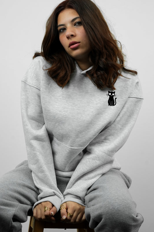 Essential Box Fit Hoodie-Cat-Grey